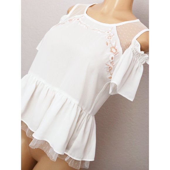 Ivory Embroidery Cold Shoulder Ruffle Peplum Top - Picture 6 of 8